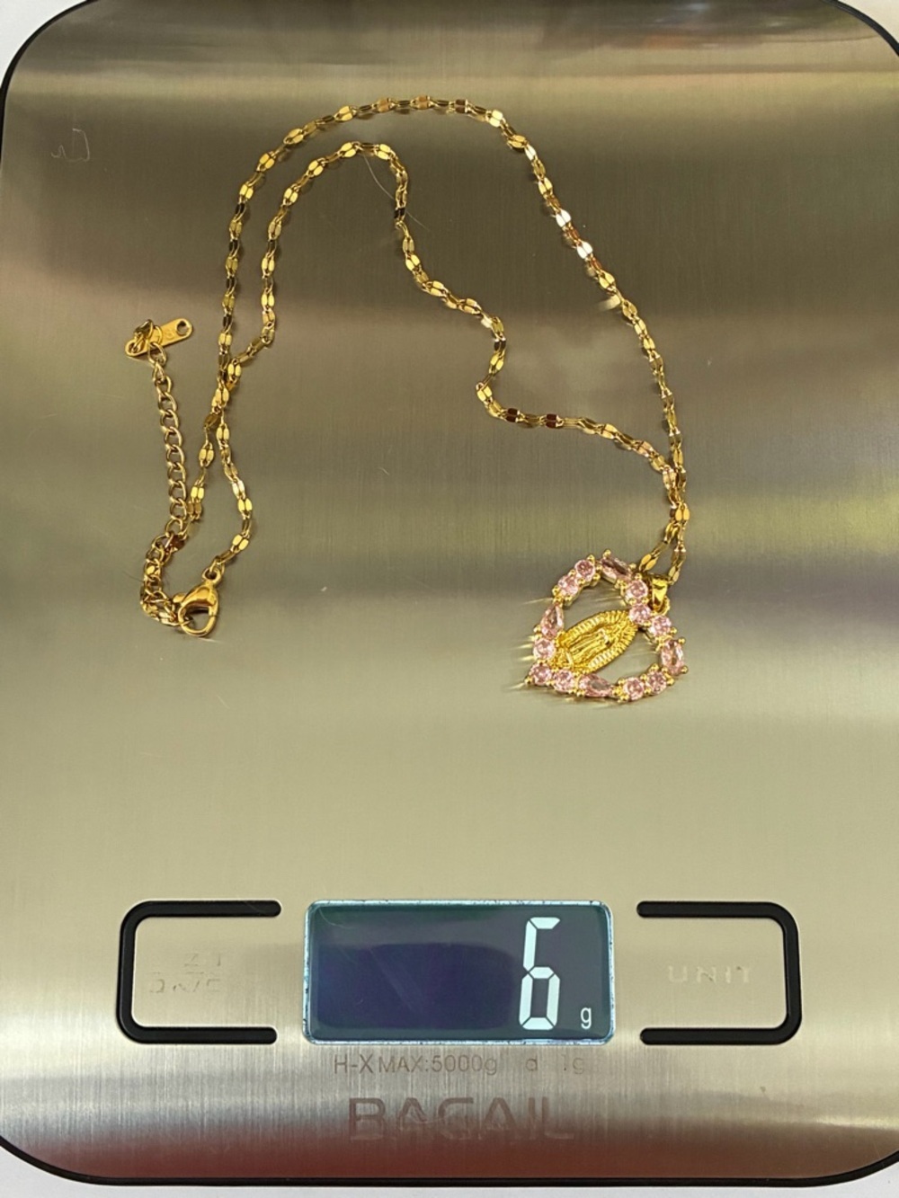 18K Gold Virgin Mary Heart Necklace Pink Crystal Pendant Dainty Chain - Picture 5 of 9